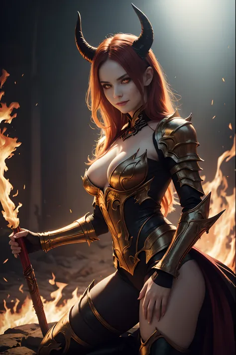 Beautiful mature female demon, horns, tail, cruel smile, pale skin, sexy fetish armor, wreathed in fire, (fiery eyes:1.2), straddling a naked man, temptation, taking your soul, hellscape background, tortured souls, hordes of hell in the distance, (masterpi...