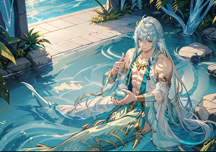 a mature male chinese merman is depicted in anime style, with beautiful big aqua ear fin, aqua fins attached on hands, long gold...