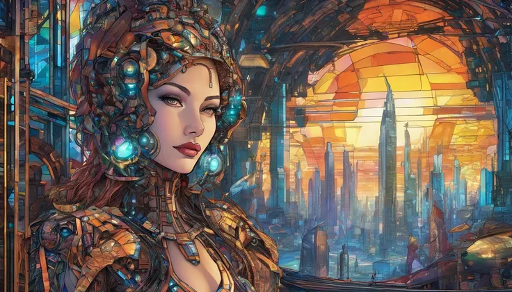 In a futuristic metropolis, Cyborg Woman, Her clothes were torn to shreds, Standing against the backdrop of towering holographic billboards, In a sea of bustling crowds, It shows the fusion of man and machine in the cyberpunk world., digital art, High-reso...