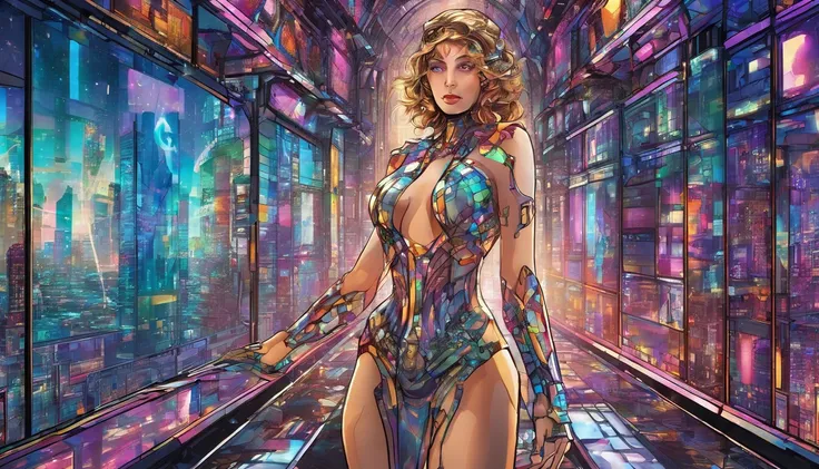 In a futuristic metropolis, Cyborg Woman, Her clothes were torn to shreds, Standing against the backdrop of towering holographic billboards, In a sea of bustling crowds, It shows the fusion of man and machine in the cyberpunk world., digital art, High-reso...