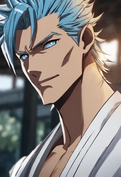 1boy, wanostyle, grimmjow, looking at viewer, solo, upper body, ((masterpiece)), (best quality), (extremely detailed), depth of field, sketch, dark intense shadows, sharp focus, soft lighting, hdr, colorful, good composition, in front of large ship, specta...