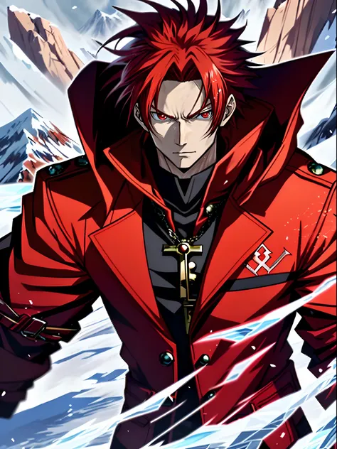 Anime characters with long red hair and red eyes in snowy landscapes, Ice Mage,Tall anime guy with red eyes,  Key anime art, , male anime character,  Detailed key anime art,  Red coat, with ice powers