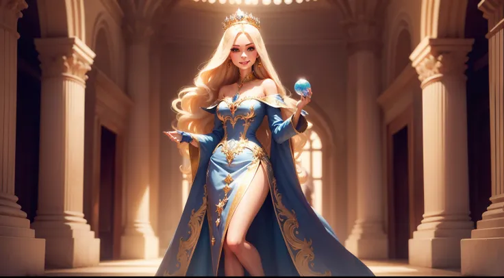 Very pretty Barbie doll wearing a crown standing in the palace looking straight at the camera, holding a crystal ball, bright eyes, full body portrait, wearing a discreet dress, zoom, sexy face, sexy eyes, smiling mouth , super realistic, super detailed