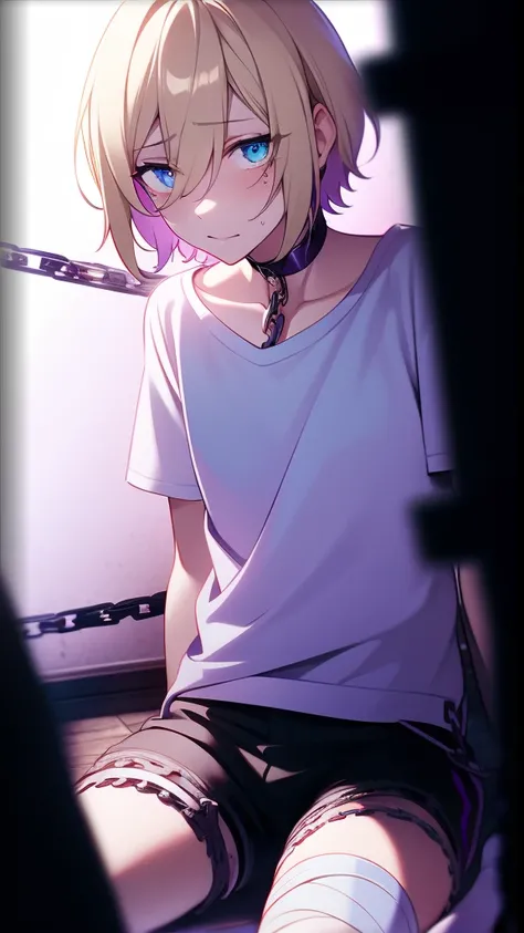 eichi tenshouin, blue eyes, short blonde hair, girl, 1girl, chains, basement, kidnapped, chained, hands chained, bruises, abuses, scary, blood dripping, kidnap, victim girl, solo girl, solo, wearing white tshirt, black shorts, slim legs, bandages, chains, ...