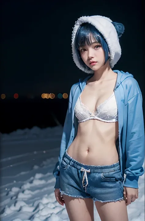 8K, Raw photo, Photorealistic, Realistic, (Detailed skin, Best Quality:1.2), (full body shot), ((smallbreast, small breasts:1.5, flat chest:1.5)), teenage Japanese girl at night, ((blue bob hair:1.1, blunt bangs, baby face)), (Open the chest of the blue zi...
