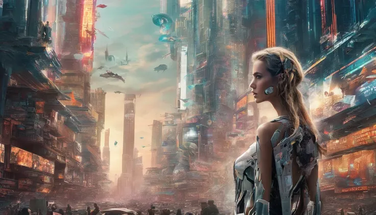 In a futuristic metropolis, Cyborg Woman, Her clothes were torn to shreds, Standing against the backdrop of towering holographic billboards, In a sea of bustling crowds, It shows the fusion of man and machine in the cyberpunk world., digital art, High-reso...