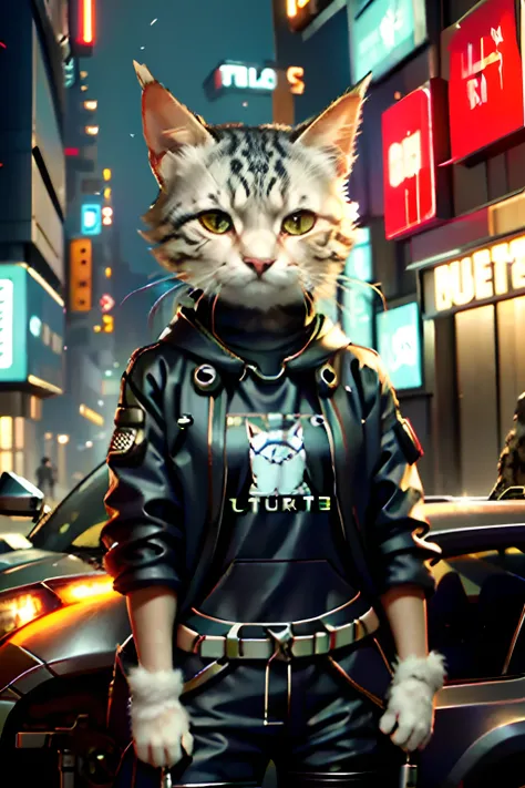 Criminal cat , stand in the front of mustang car , hihop style , cyber punk street