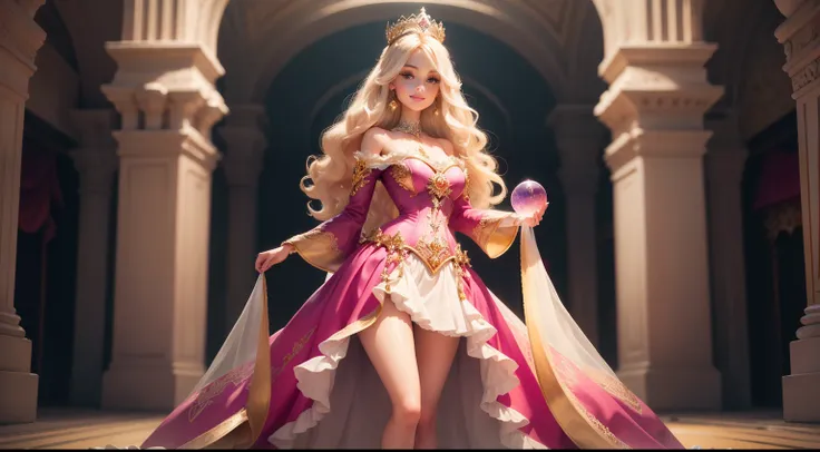 Very pretty Barbie doll wearing a crown standing in the palace looking straight at the camera, holding a crystal ball, bright eyes, detailed hand with 5 fingers, full body portrait, wearing a discreet dress, zoom, suggestive face emotional, sexy eyes, smil...