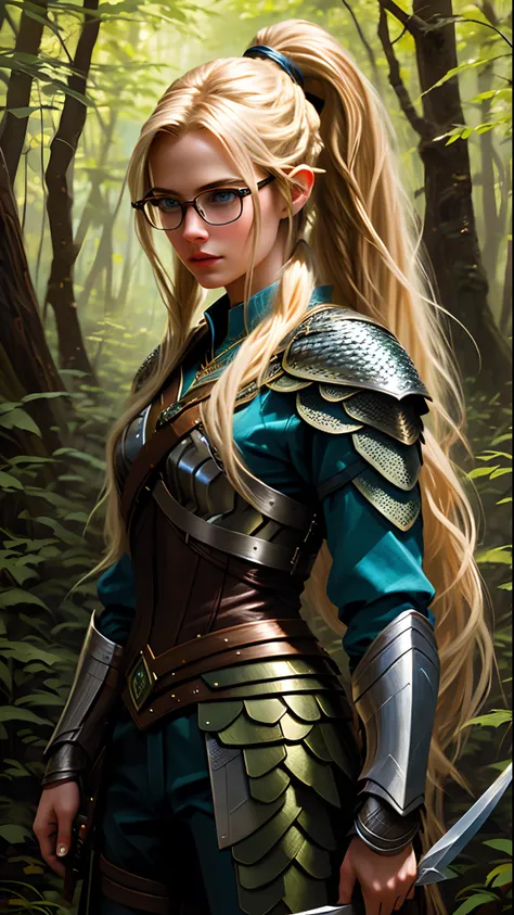 bj_oil_painting, fantasy scene, female ranger, long blonde hair, ponytail blue eyes, forest scene, scalemail, chainmail, glasses