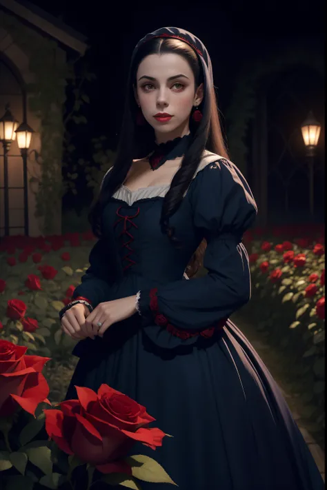 vampira 19 anos, parecida com oona chaplin, wears modest dress with blue sleeves from the 18th century with red roses. is in a garden at night with red roses. Dark scenery with many shadows.