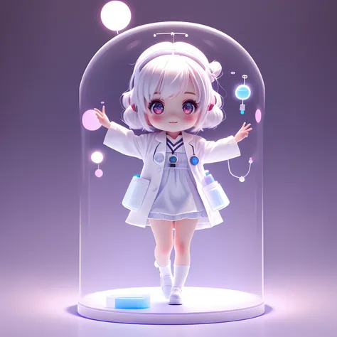 Super cute girl full body 3d drawing, 1 pc, good looking eyes, big eyes, cute, happy, c4d, pop matt blind box, glowing bubble, toy, solid color background, chibi, fluorescent translucency, luminescence, kawaii, doll, ((((scientist, white lab coat))), refer...