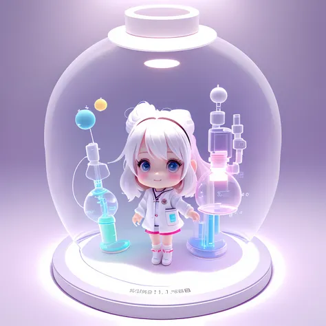 Super cute girl full body 3d drawing, 1 pc, good looking eyes, big eyes, cute, happy, c4d, pop matt blind box, glowing bubble, toy, solid color background, chibi, fluorescent translucency, luminescence, kawaii, doll, ((((scientist, white lab coat))), refer...