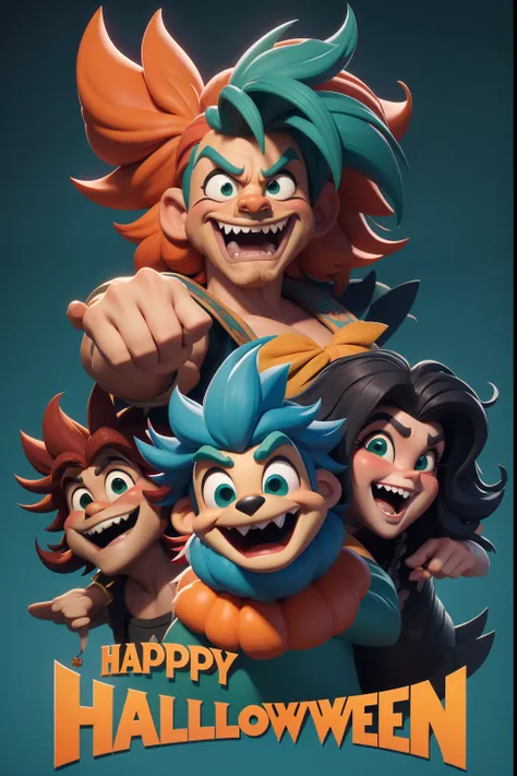 Happy Halloween. poster Announcement. Funny cheerful wild shaggy characters in various costumes in the style of a 3D Disney cartoon. close-up. Blurred blue-green-red background. Studio lighting. light haze.