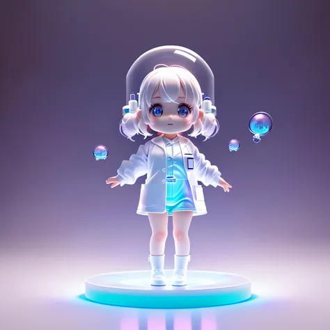 Super cute girl full body 3d drawing, 1 pc, good looking eyes, big eyes, cute, happy, c4d, pop matt blind box, glowing bubble, toy, solid color background, chibi, fluorescent translucency, luminescence, kawaii, doll, ((((scientist, white lab coat))), refer...