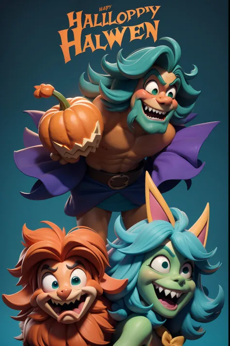 Happy Halloween. poster Announcement. Funny cheerful wild shaggy characters in various costumes in the style of a 3D Disney cartoon. close-up. Blurred blue-green-red background. Studio lighting. light haze.