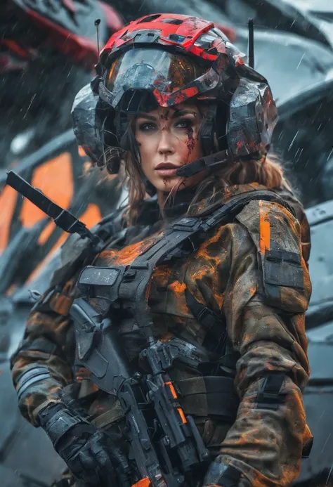 Postapocalyptic combat scene with a Beautiful hyperrealistic photograph of cute Young Swedish woman with Runic tattoos, ((dirty face Blood splattered)), (((wearing full heavy mecha armor, combat harness, Neon highlights))) Short Red Dreadlocks, combat pose...