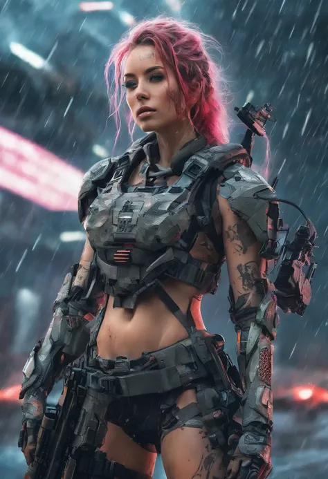 Postapocalyptic combat scene with a Beautiful hyperrealistic photograph of cute Young Swedish woman with Runic tattoos, ((dirty face Blood splattered)), (((wearing full heavy mecha armor, combat harness, Neon highlights))) Short Red Dreadlocks, combat pose...