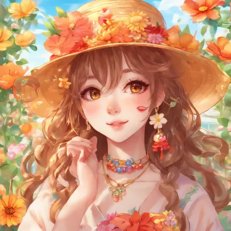 hight resolution, ultra-detailliert, 1girl in, 独奏, extremely detailed eye, florals, Hats, hair adornments, jewely, a straw fedora hat, looking at the viewers, Lunette de soleil, hat flower,  hair clips, 耳环, Red flowers, tinted eyewear, Yellow flowers, bang...