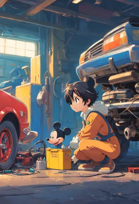 A masterpiece Mickey Mouse as a mechanic repairing a car, Corpo Perfeito, perfect head,  disco Rigido