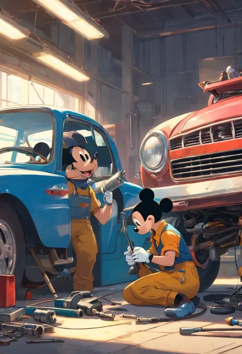 A masterpiece Mickey Mouse as a mechanic repairing a car, Corpo Perfeito, perfect head,  disco Rigido