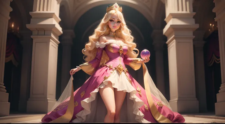 Very pretty Barbie doll wearing a crown standing in the palace looking straight at the camera, holding a crystal ball, bright eyes, detailed hand with 5 fingers, full body portrait, wearing a discreet dress, zoom, suggestive face emotional, sexy eyes, smil...