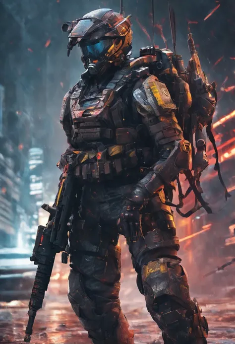 Postapocalyptic combat scene with a Beautiful hyperrealistic photograph of cute Young Swedish woman with Runic tattoos, ((dirty face Blood splattered)), (((wearing full heavy mecha armor, combat harness, Neon highlights))) Short Red Dreadlocks, combat pose...