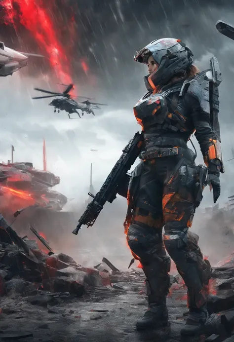 Postapocalyptic combat scene with a Beautiful hyperrealistic photograph of cute Young Swedish woman with Runic tattoos, ((dirty face Blood splattered)), (((wearing full heavy mecha armor, combat harness, Neon highlights))) Short Red Dreadlocks, combat pose...