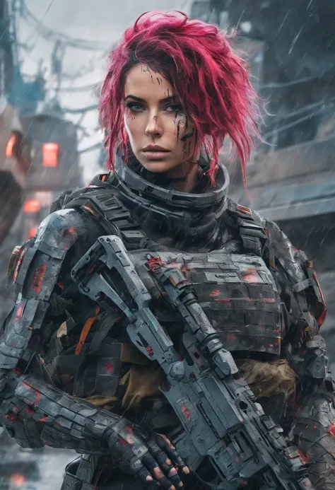 Postapocalyptic combat scene with a Beautiful hyperrealistic photograph of cute Young Swedish woman with Runic tattoos, ((dirty face Blood splattered)), (((wearing full heavy mecha armor, combat harness, Neon highlights))) Short Red Dreadlocks, combat pose...