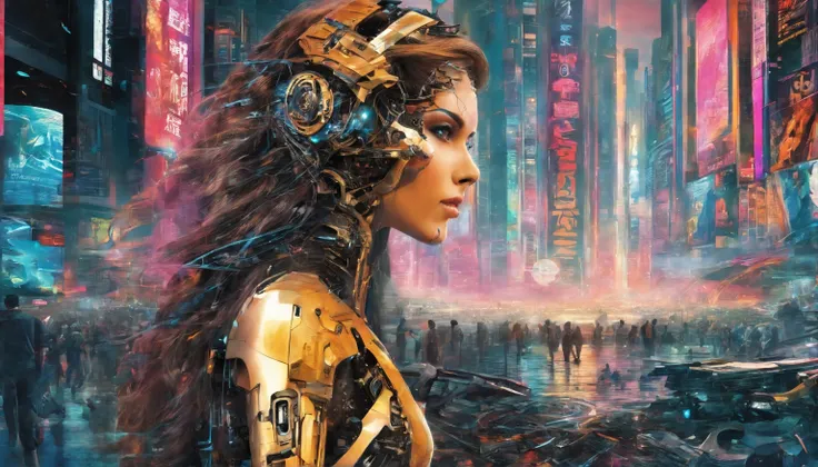 In a futuristic metropolis, Cyborg Woman, Her clothes were torn to shreds, Standing against the backdrop of towering holographic billboards, In a sea of bustling crowds, It shows the fusion of man and machine in the cyberpunk world., digital art, High-reso...