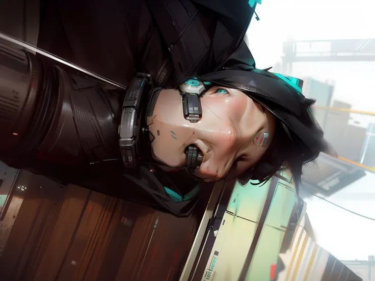 There was a boy wearing a mask and a black hoodie，With a knife in his hand, Hyper-realistic cyberpunk style，Digital cyberpunk anime style，cyan colors