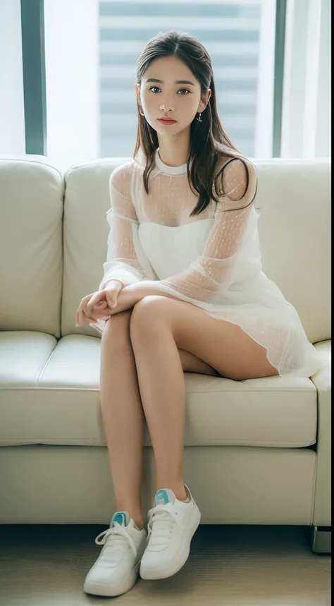 ((Best picture quality, 8K, tmasterpiece:1.3)), 1girll,（white dresses：1.3）,（wet see through clothes：1.4），（athletic sneakers：1.3）Erlang legs，sitting in the couch