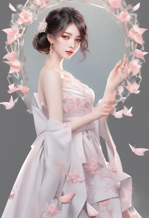 A high resolution，ultra - detailed）， offcial art, Unity 8k壁纸, Ultra-detailed, Beautiful and aesthetically pleasing, tmasterpiece, best qualityer,long  skirt，Slim girl girl, Dressing, clothing design, Rose, Sweet tea, Pink, Fishtail skirt, Diagonal lace des...