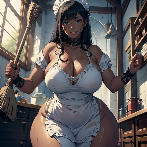 matrue maid ,Solo,wet cameltoe，from below,sweating body，((Take a broom)),(public hair under apron), naked white apron ,((Dark skin)),trending on artstationh, Intricate details, Highly detailed,, intricate face details,Curvy physique, Thick body,((Mature fe...