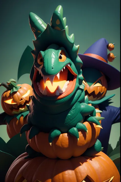 Happy Halloween! Announcement. poster. 3 Funny funny wild crocodile in a pumpkin costume in the style of a 3D Disney cartoon. a closeup of a. blurred background. Blue-green-red studio lighting. Light haze.