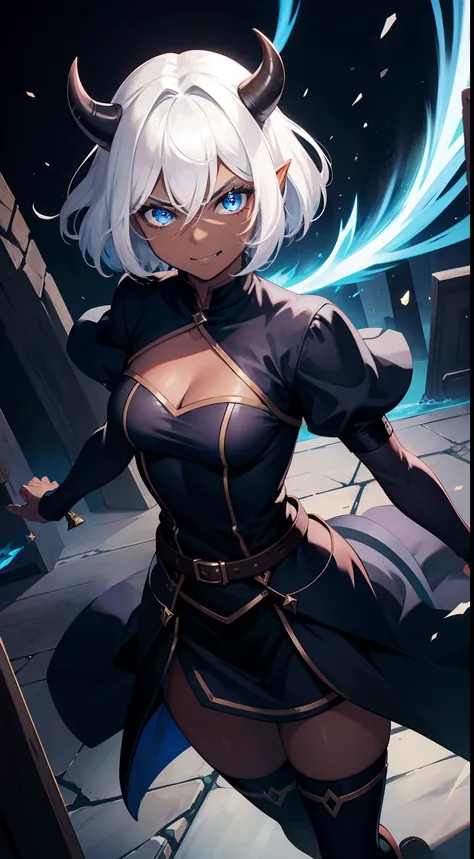 1woman,30s,solo,angry face,smile,((dark skin)),Short hair,White hair,blue eyes,elves ears,black horns,room,night, attacking with blue lightnings, black outfit