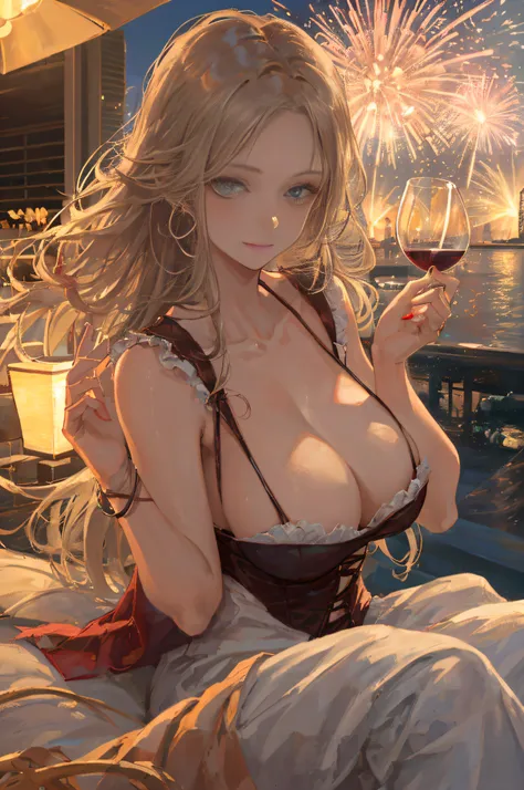 ((A sexy and beautiful woman holding a wine glass and looking at me on the terrace)), ((The cutest 22-year-old beauty)), Charming smile, ((Fireworks in the background) ), ((Very long hair) ), ((One piece with a lot of exposed parts)), ((Rich bust)), Gradie...