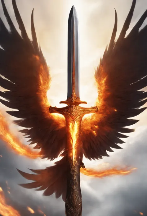 a sword flaming blade glowed with intensity, The flames surged to life, forming a majestic phoenix that briefly soared before dissipating into sparks