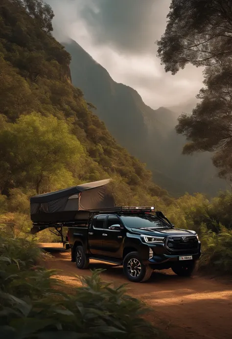 A black Hilux year 2023 towing a trailer in a paradisiacal landscape