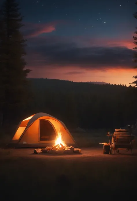 a girl camping in a trailer surrounded by black hills, 3D rendering,vivid colors,campfire,cozy interior,open sky,stars,landscape,portraits,professional,highres,realistic,bokeh,soft lighting