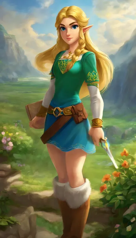 Princesa Zelda, 1girl, Pedido do artista, belt, blonde hair, camisa azul, livro, Botas, no expression, corpo inteiro, olhos verdes, Altas, Olhando para o Viewer, Magic, Nintendo, Pants, orelhas pontudas, camisa, short hair, fundo simples, sozinho, A Lenda ...