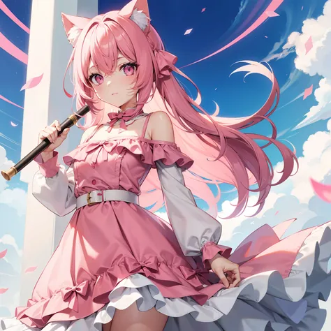 Girl, medium straight pink hair with pink cat ears, pink eyes, short pink dress with off shoulder sleeves , holding a pink staff with an orb