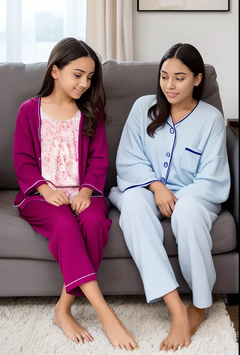 There are two women who are sisters, are at home standing or sitting, One is a child and the other is an adult and their clothes are ultra realistic pajamas