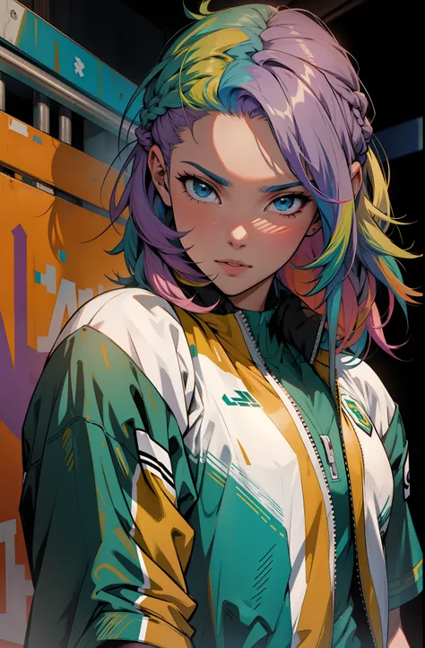 menina anime, uniforme de futebol branco, rainbow hair