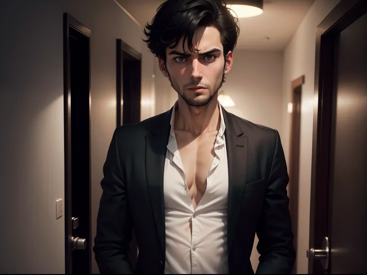 Realistic 8k image of a thin 25-year-old man, thin body, short black hair, wearing a black blazer with a white blouse underneath, fearful expression in a seedy hotel room