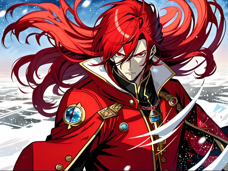 Anime characters with long red hair and red eyes in snowy landscapes, Red Ice Mage,Tall anime guy with red eyes, Key anime art。male anime character,  Detailed key anime art, full portrait of magical knight, Red coat, Has red ice power