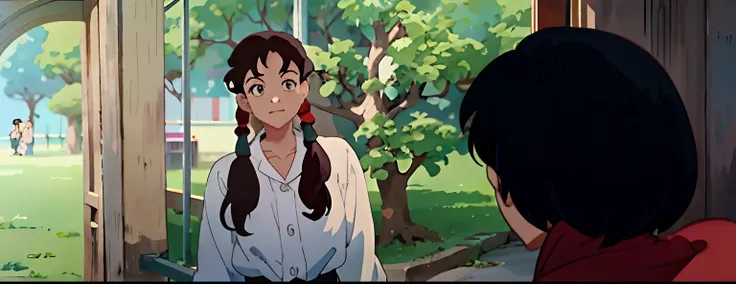 Disney cartoon, old cartoon, anime scene of a woman in a white shirt and black skirt talking to a man in a red shirt, style in ghibli anime, korean art nouveau anime, style in ghibli anime style, anime movie screenshot, lofi girl, todays featured anime sti...