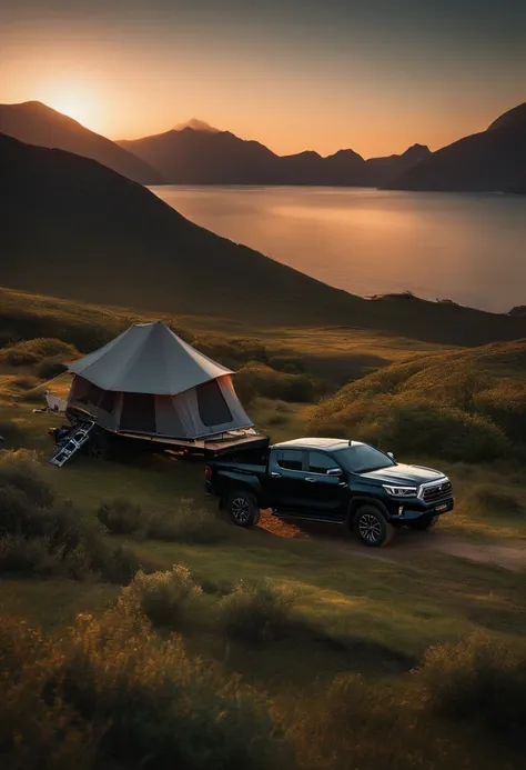 A black Hilux towing a camping trailer in a paradisiacal landscape with an 8K 3D image