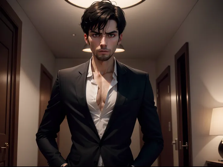 Realistic 8k image of a thin 25-year-old man, thin body, short black hair, wearing a black blazer with a white blouse underneath, fearful expression in a seedy hotel room