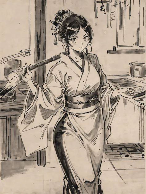 He even drew the texture of Japanese paper and made black and white woodblock prints in ink. In the early Showa period, she was about 32 years old, and she was a woman with no strong self-esteem in a kimono and kappo kimono. Radishes are being cut in the o...