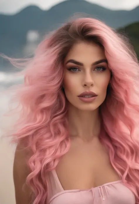 um close up de uma mulher com cabelo rosa e piercings, cabelo rosa encaracolado, com cabelo rosa, cabelo rosa, enorme cabelo rosa encaracolado, cara rosa, menina cor-de-rosa, algum rosa, Pele rosa, menina bonito com cabelo rosa curto, cachos rosa gigantesc...